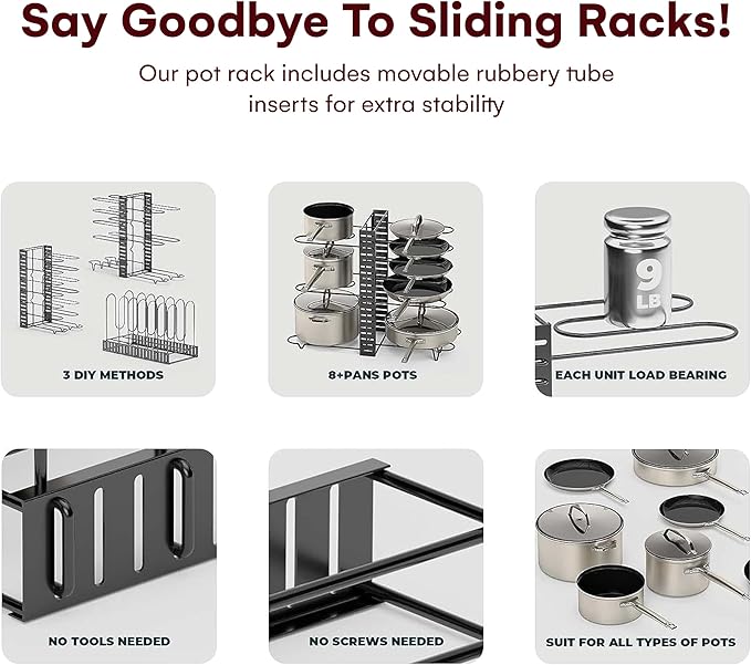 Vdomus Pot Rack Organizer with 3 DIY Methods, Black Metal Kitchen 8+ Pots Holder, Height and Position are Adjustable Cabinet Pantry Pot Lid Holder (Upgraded)