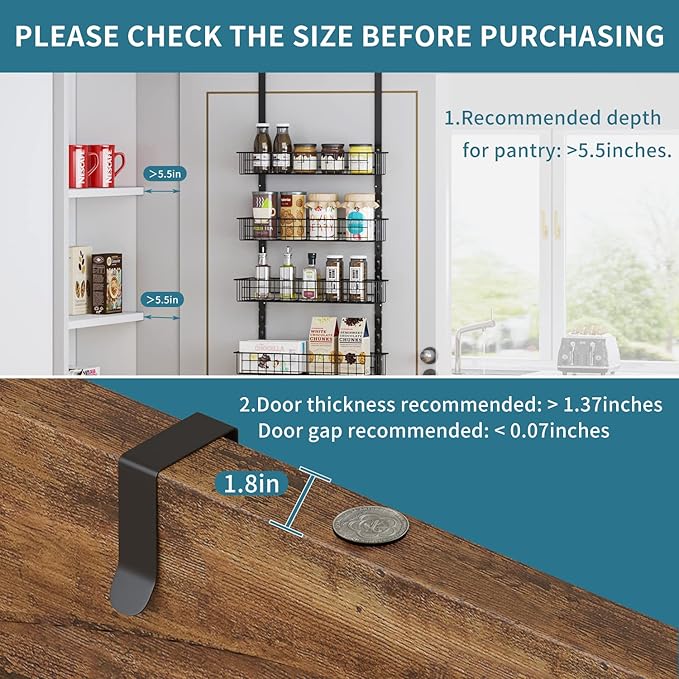 6-Tier Pantry Door Organizer, Heavy-Duty Metal Hanging Spice Racks with 6 Adjustable Baskets for Storing Cans, Spice, Plastic Wraps, Garbage Bags, etc