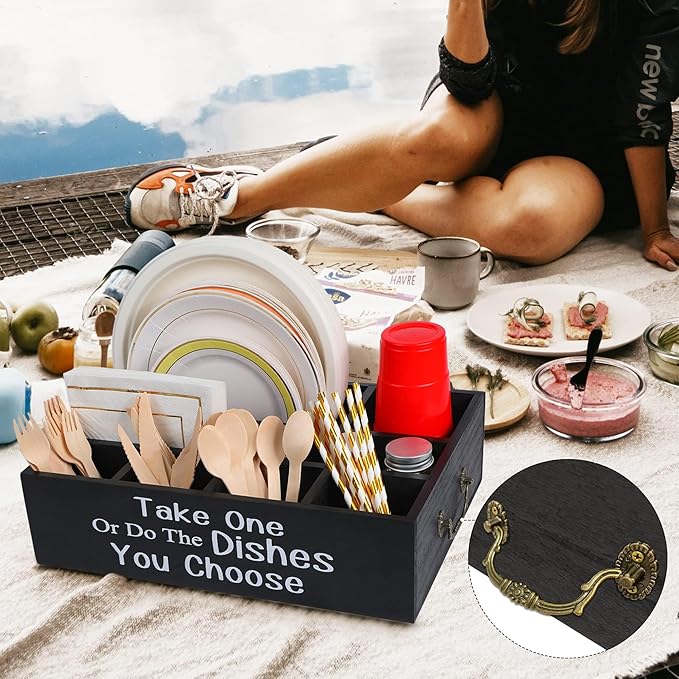 Large Paper Plate Holder Utensil Caddy Organizer for Countertop, Kitchen Silverware Caddy Holder for Cups, Forks, Spoons, Plates, Napkins, Wood Utensil Holder Paper Plate Dispenser for Party Picnic