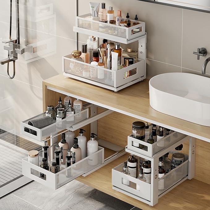 1 Pack 15.74IN-Depth Under Sink Organizer with Next-Gen Ball-Bearing Slides,2-Tier Pull Out Cabinet Storage,Height Adjustable Drawer Shelf for Bathroom,Kitchen,Laundry,Cabinet,Pantry-White