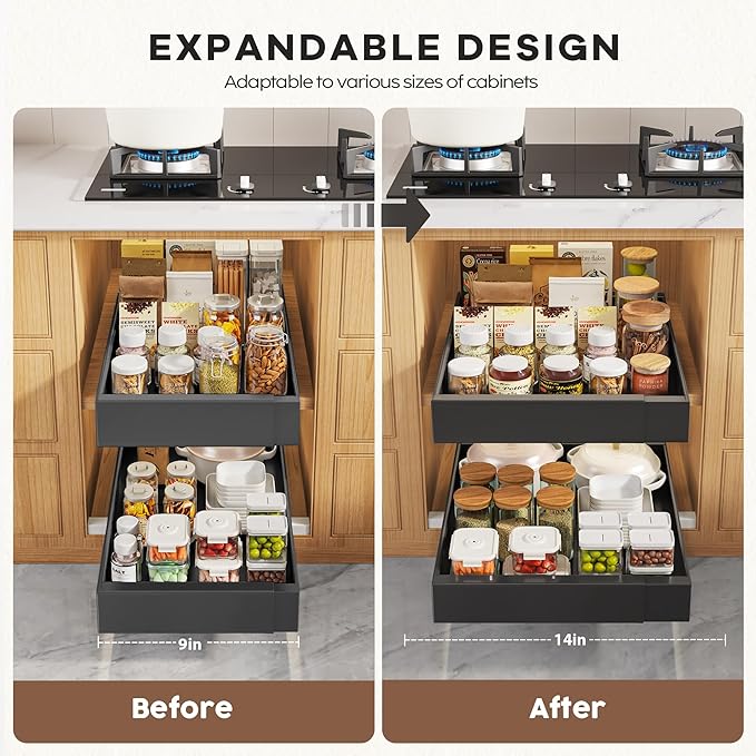 4 Pack Pull Out Cabinet Organizers 21" Deep with Raising Pad for Framed Cabinets,Expandable Slide Out Drawers Upgrade 3 Slide Rails,Roll Out Shelves Adhesive,Adjustable Width 9"-14" Black
