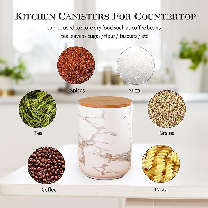 White Kitchen Canister Set of 3, Kitchen Countertop Ceramic Jars with Airtight Wood Lids, Storage Containers for Coffee Beans, Tea, flour, Grains, Salt, Marble Pattern