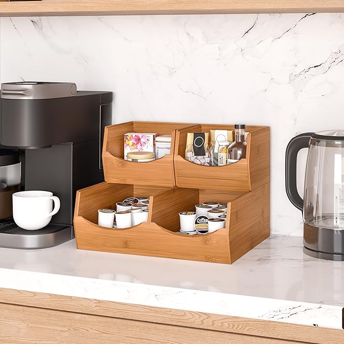 Seville Classics Bamboo Premium Organizer Storage Bins for Kitchen Silverware, Pantry, Closet, Office Desk, Pens, Utensils, Makeup, K Cup, Bamboo, Stackable Bin Set (3 Piece)