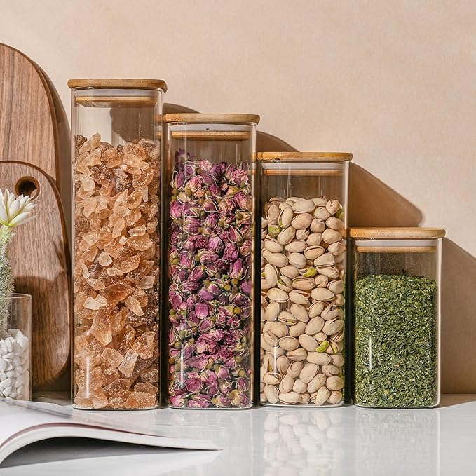 56oz Rectangle Airtight Glass Storage Containers with Bamboo Lids (Set of 4), Square Food Storage Jar, Pantry Organizers for Oats, Cereal, Pasta and Coffee beans (with Black Lable)