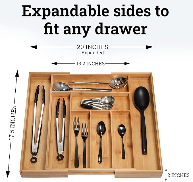 Dynamic Gear Premium Bamboo Drawer Organizer, Silverware Organizer, 100% Pure Bamboo, Adjustable Utensil Organizer, Kitchen Drawer Organizer, Silverware Tray for Drawer (6-8 slots)