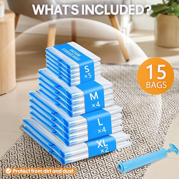 15 Pack Vacuum Storage Bags,Vacuum Seal Bags for Clothing with Hand Pump, 2 Jumbo+4 Large+4 Medium+5 Small, 80% Space Saver Bags for Clothes, Pillows, Comforters and Blankets, Home Travel Essentials