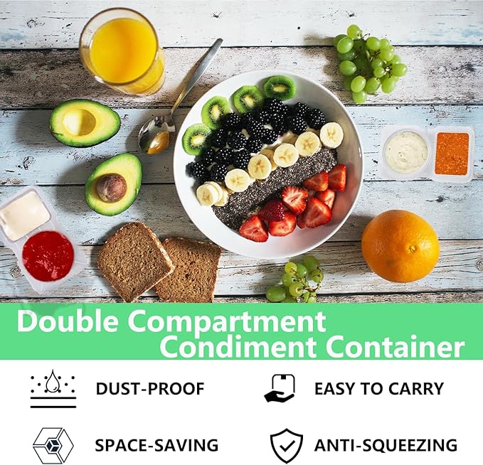 10 Sets Double Compartment Condiment Container for Dip, Sauce, Sampling and Travel Snacks (Includes 5 Pairs Disposable Gloves)