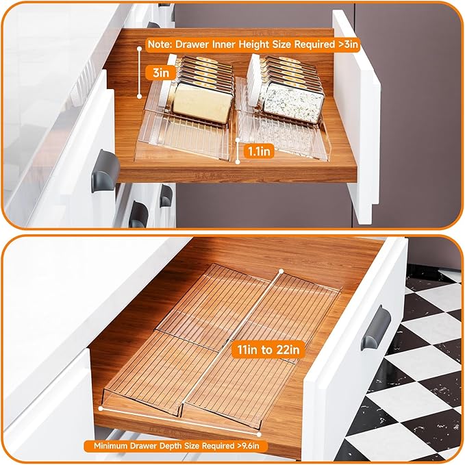 Yieach Clear Acrylic Spice Drawer Organizer,2 Tier- 2 Pack In Drawer Spice Organize and Kitchen Jars Seasoning Organizer Insert,Expandable From 11'' to 22'' Spice Rack and Tray for Cabinet
