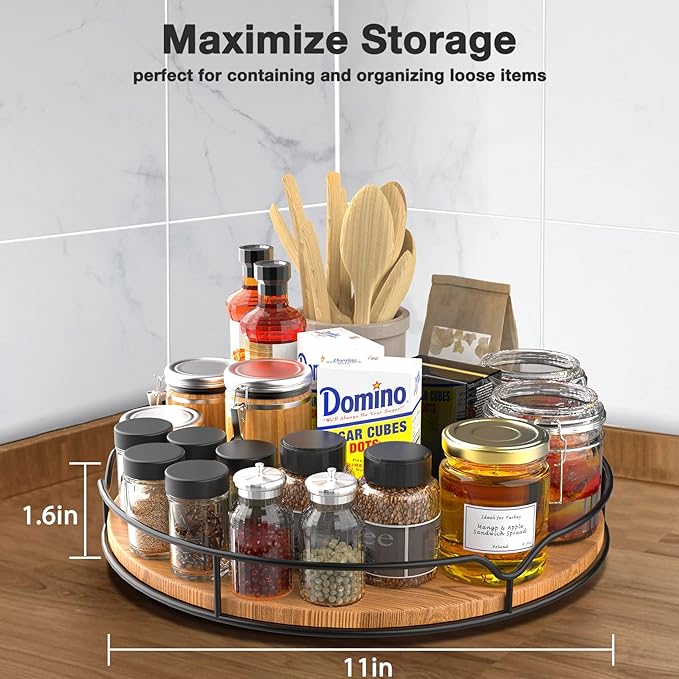 Lazy Susan Turntable Organizer with Anti-Slip Mat for Cabinet Pantry Kitchen Countertop Refrigerator Office, Pine Wood, 11", Carbonized Black