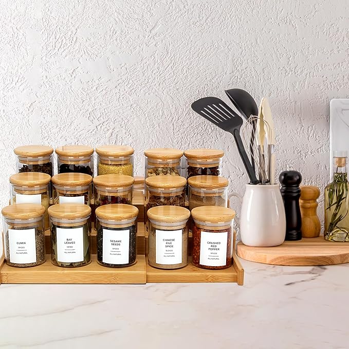 4OZ Glass Spice Jars with Bamboo Lids and 315 Labels, 24 Pcs Clear Food Storage Containers for Kitchen Sugar Salt Coffee Tea Beans