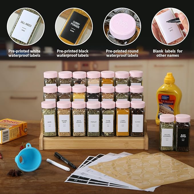 36 Glass Spice Jars with Labels,Spice Jar Set,4oz Seasoning Containers,Spice Containers with Pink Airtight Lids and Shaker Lids,Square Empty Spice Bottles, 492 Labels,2 Marker Pens,1 Funnel