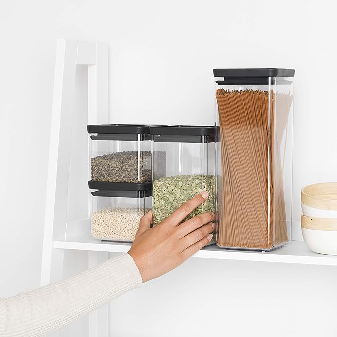 Brabantia Tasty+ 4pc Stackable Food Canisters Set (Dark Gray) 2x 0.7qt & 2x 1.7qt BPA-Free Space-Saving Jars with Silicone Seal Lids for Freshness