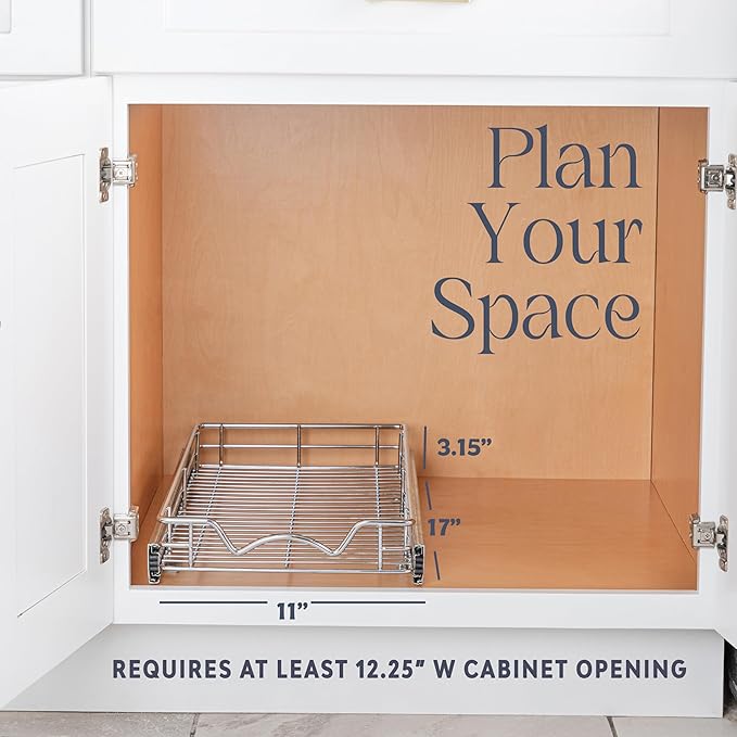 HOLD N' STORAGE Pull Out Cabinet Organizer, Heavy Duty-w/Lifetime Limited Warranty -11”W x 17”D-Requires At Least 12-1/4” Cabinet Opening, Steel Metal Cabinet Drawers Slide Out, Chrome Finish