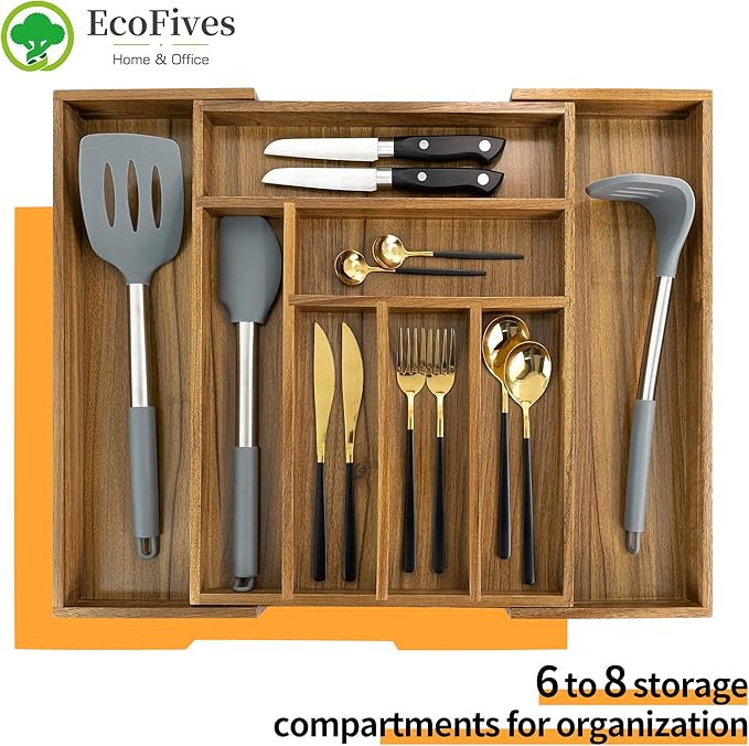 Luxury Acacia Kitchen Drawer Organizer - Silverware Organizer - Utensil Holder and Cutlery Tray with Grooved Drawer Dividers for Flatware and Kitchen Utensils (8 Slot), 17*12.4*2 inch