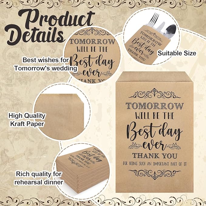 Whaline 100Pcs Silverware Bags 5 x 7 Inch Rustic The Best Day Ever Kraft Wax Cutlery Bags Utensil Holders Reusable for Wedding, Rehearsal Dinner, Engagement, Barbeque, Banquet Supply