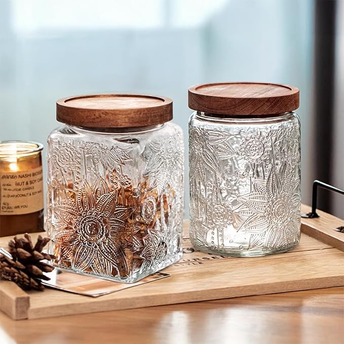 Glass Storage Jars With Airtight Lid, 23.7oz Container For Kitchen Counter with Wood Lid, brown sugar, candy, coffee, cookie, salt, tea, cute Jar (Square Sunflower)