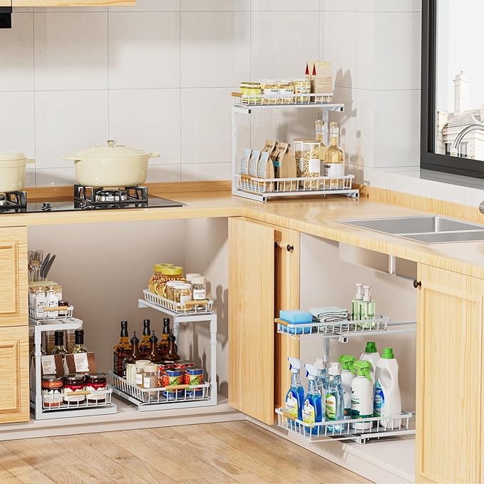 Delamu 2 Pack Under Sink Organizer and Storage, 2 Tier Pull Out Cabinet Organizer, Slide Out Under Sink Storage Shelf, Undersink Organizers Shelves for Kitchen Bathroom Pantry Organization