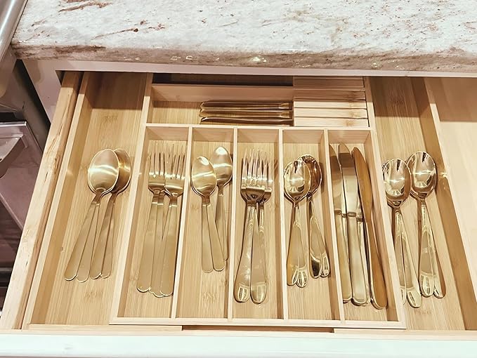 Kitchen Utensil Drawer Organizer- Bamboo, Expandable