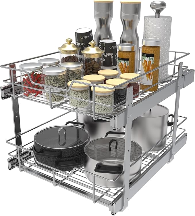 2 Tier Pull Out Cabinet Organizer 17" W X 22" D, Slide Out Drawers For Kitchen Cabinets, Pullout Drawers For Cabinets Capacity Heavy Duty Caddy, Cabinet Pullout Shelves Chrome-Plated,Bathroom Pantry