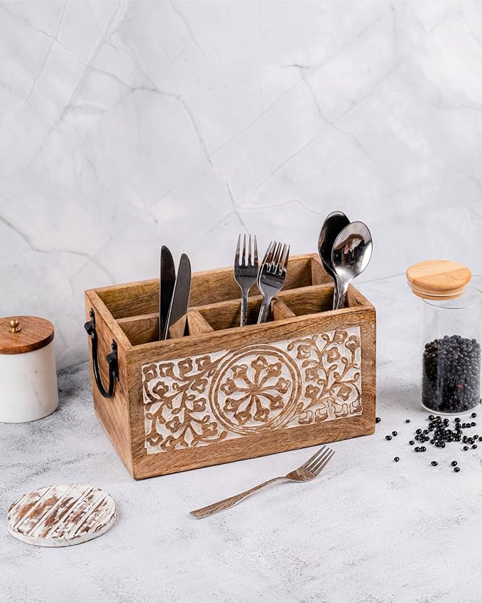 Mie Creations 4 Compartment Wooden Silverware Caddy Utensil Holder, Farmhouse Cutlery Flatware Organizer, Decorative Wood Caddy with Metal Handles for Kitchen, Buffet Party, Mothers Day Gift for Mom