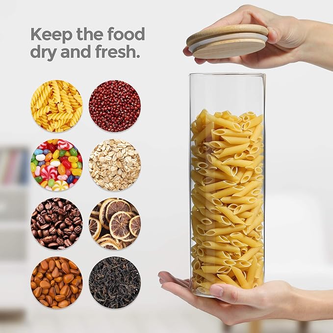 ComSaf Glass Spaghetti Pasta Storage Container with Lids 70oz Set of 3, Tall Clear Airtight Food Storage Jar with Wood Cover Kitchen Pantry Storage Container for Noodles Flour Cereal Coffee Beans