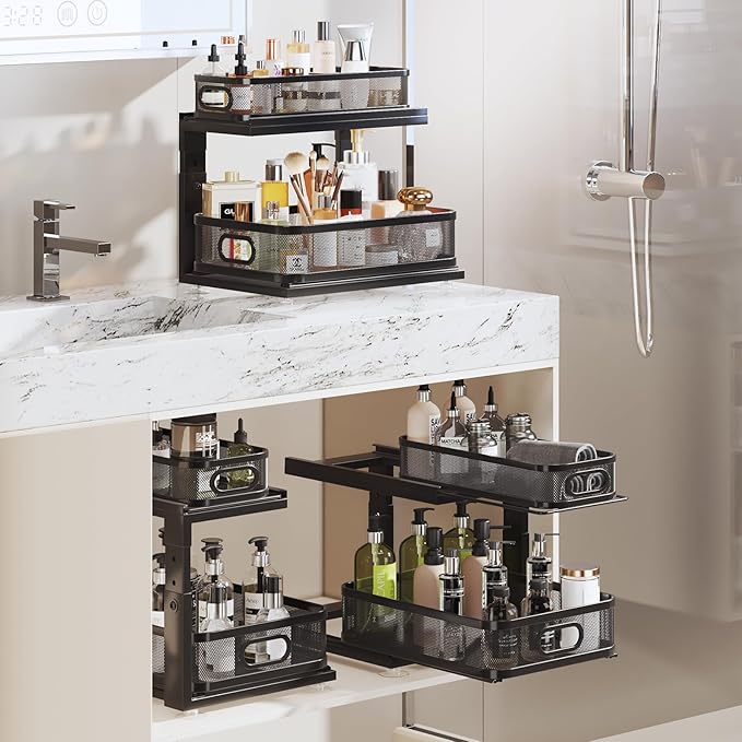 2 Pack Under Sink Organizer With Next-Gen Ball-Bearing Slides,2-Tier Precision Mesh Pull Out Cabinet Shelf Storage for Bathroom&Kitchen,Slide Out Drawers Height Adjustable,Rust-resistant