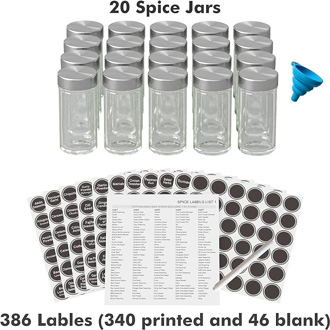 New England Stories Revolving Spice Rack Set with 20 Spice Jars, Kitchen Spice Tower Organizer for Countertop or Cabinet - Carousel Storage Includes 386 Spice Labels (Gold)