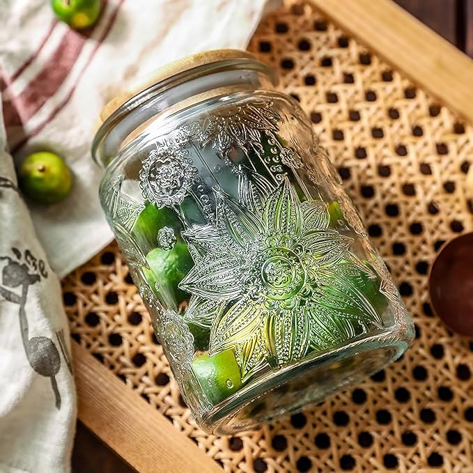 Vintage Glass Jar with Bamboo Lid, 23.7 fl oz - Airtight Decorative Food Storage Canisters for Kitchen Counter, Ideal for Candy, Sugar, Coffee, Tea,Cute Jar(Sunflower*1)