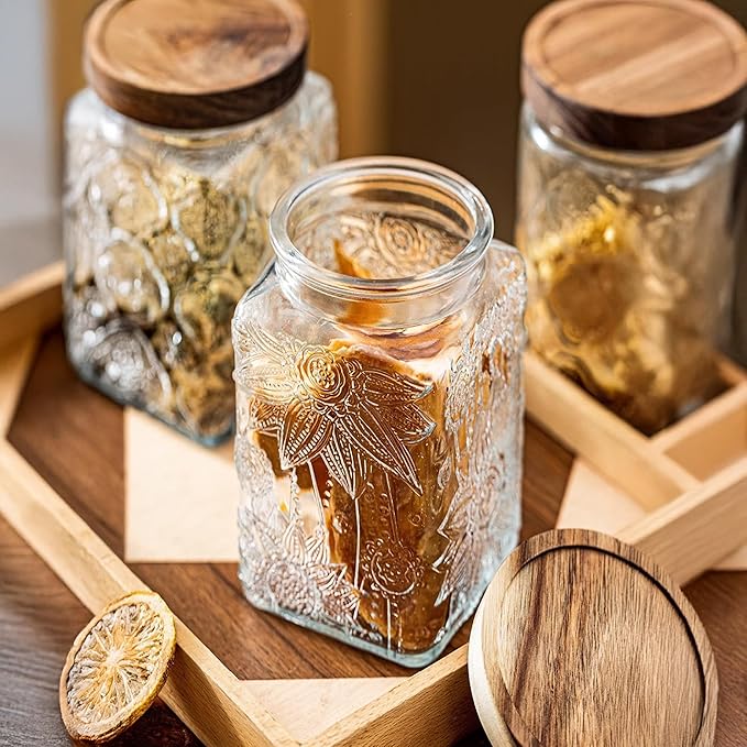 Glass Storage Jars With Airtight Lid, 35oz Container For Kitchen Counter with Wood Lid, brown sugar, candy, coffee, cookie, salt, tea, cute Jar (Large Square Sunflower)