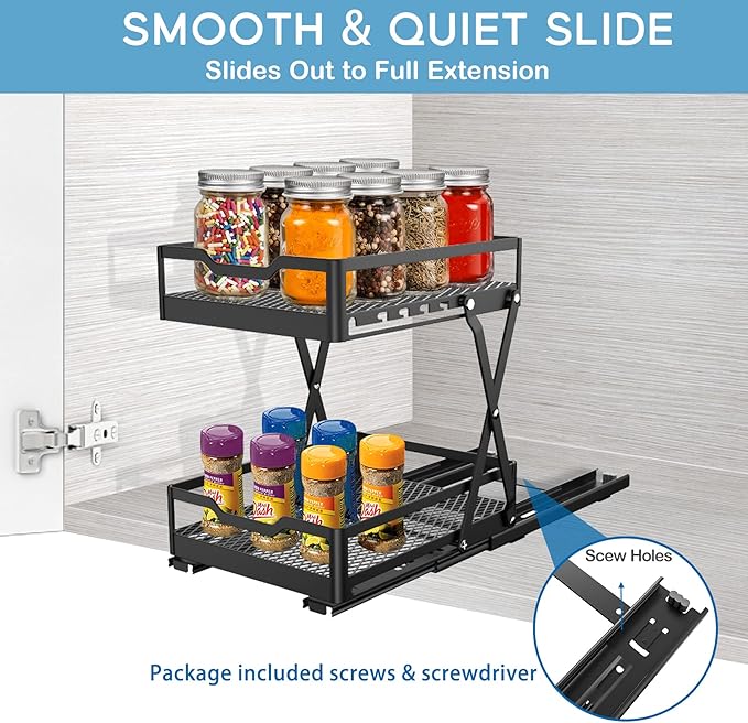VOGWOLTH Spice Rack Organizer for Cabinet Seasoning Pull Out Pantry Kitchen Closet Storage Shelf Sliding Inside Cabinets Organization Height Adjustable Heavy Duty Metal Basket