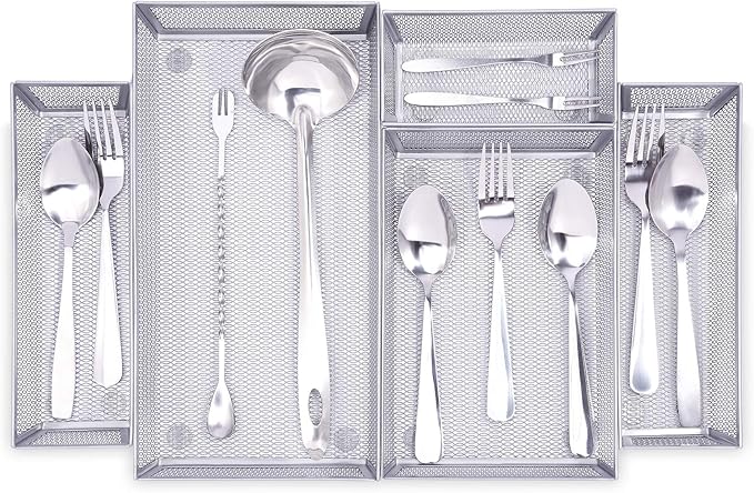 WuGeShop Mesh Silverware Tray Drawer Organizer, Kitchen Utensils Flatware Tray with Anti-slip Mats, Silverware Storage Cutlery Tray for Knives Fork Spoon (5 Separate Compartments, Silver)