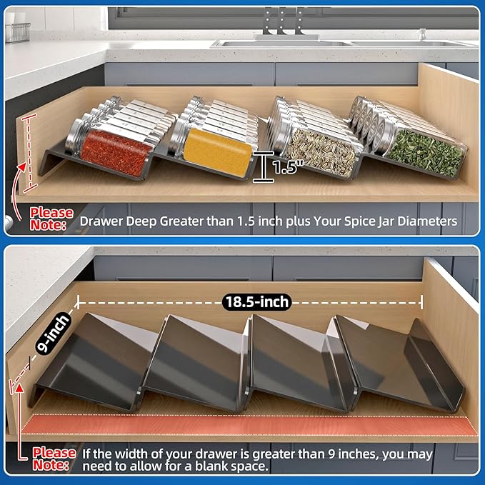 MIUKAA Black Spice Drawer Organizer, 2 Tier- 4 Pack Acrylic Drawer Seasoning Organizer, Expandable From 9'' to 18''Kitchen Spice Rack Tray for Drawer/Countertop (Jars not included)
