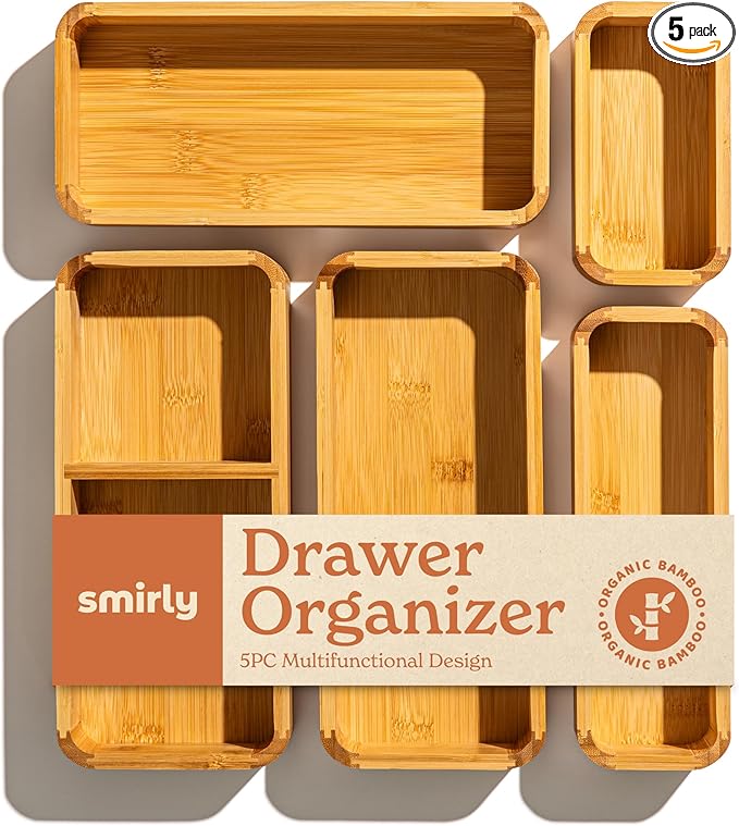 SMIRLY 5-Piece Bamboo Kitchen Drawer Organizer Set for Large and Small Utensils, Multi-use Storage Box - Bathroom, Nightstand, Jewelry, Cutlery, Knife, Spice, Towel, Junk Drawer Tray