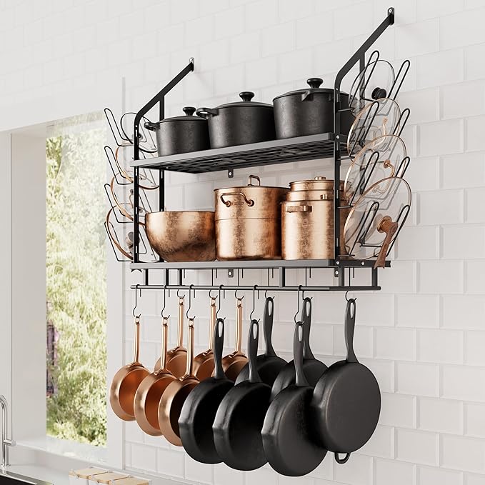 KES 30-Inch Pot Rack Wall Mounted with 8 Secure Lid Holders & 12 Sturdy Hooks, 2-Tier Kitchen Hanging Pot and Pan Organizer, Ample Storage for Tall Cookware, KUR215S75C-BK