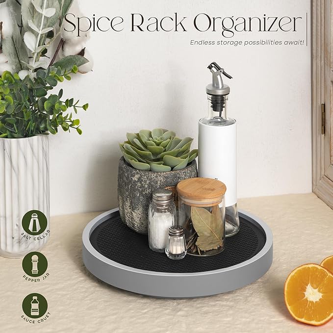 Farmhouse Wood Non-Skid Lazy Susan Organizer Turntable – 10.5" Lazy Susan Turntable for Cabinet, Spice Rack and Bathroom Counter Organizer - Perfect for Home Organization and Storage (Gray)