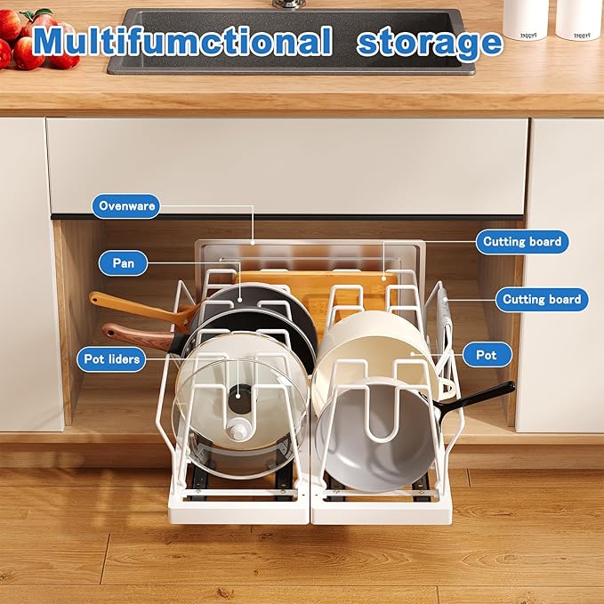 2 Pack Pots and Pans Organizer Under Cabinet, 21.6" Deep Pull Out Pot Lid Organizer Holder with Guardrail Adhesive Pot and Pan Holder Rack with 10 Adjustable Dividers(White)