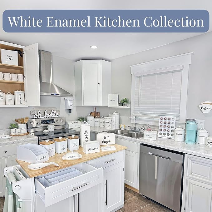 AuldHome Design Enamelware Protein Powder Canister; White Rustic Distressed Style Storage for Kitchen
