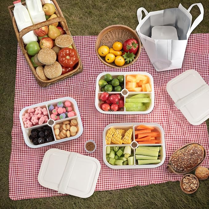 4Pcs Divided Serving Tray with Lid: Fruit Storage Containers for Fridge with 4 Removable Compartment, Storage Organizer for Snacks, Fruit, vegetables, Portable Snackle Box for Party, Travel, Picnics