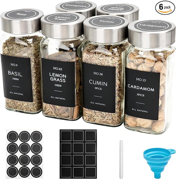 6 Pcs Glass Spice Jars with Lids, 4oz spice jars with label, seasoning containers Set, Comes with spice bottle caps, Silicone Collapsible Funnel,chalk, for Spice Rack, Cabinet, Drawer