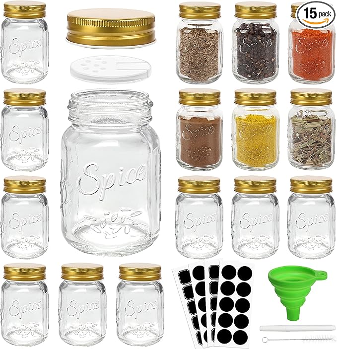 CycleMore 15 Pcs Glass Mason Spice Jars 4oz Empty Spice Bottles with Blank Labels and Shaker Lids, Gold Airtight Metal Caps, Chalk Marker and Collapsible Funnel Included