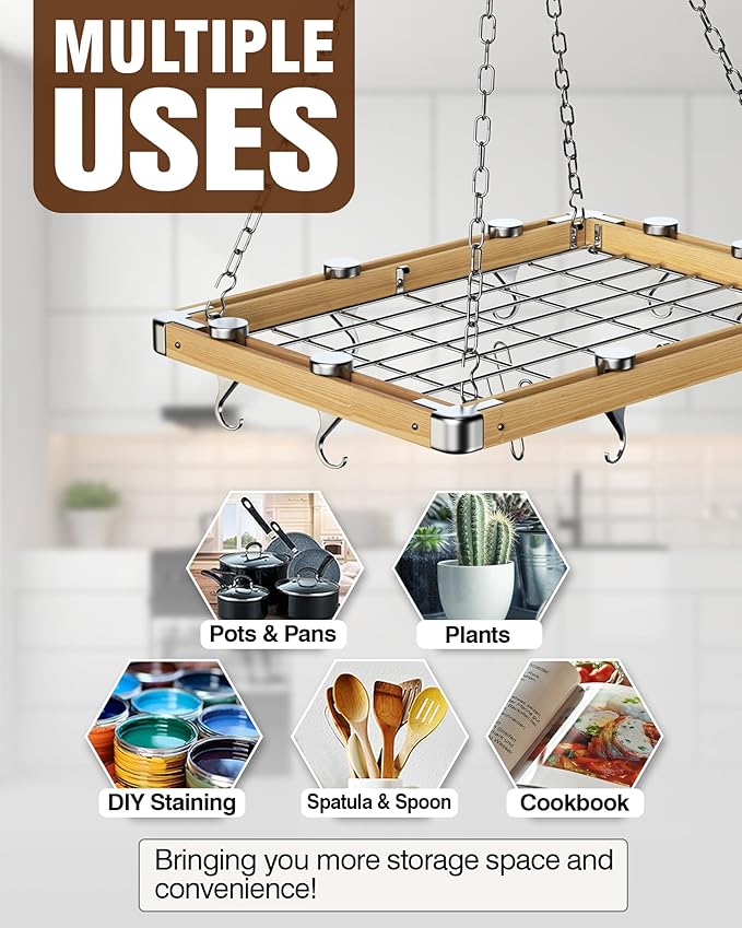 Cooks Standard Ceiling Mounted Wooden Pot Rack, 24-inch by 18-inch, Brown