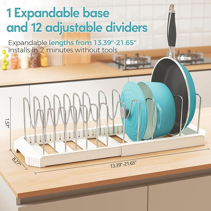 Pots and Pans Organizer for under Cabinet, Expandable Pan Pot Organizers inside Cabinet, Heavy Duty Pot Rack for kitchen organizers and storage Holder with 12 adjustable compartment White