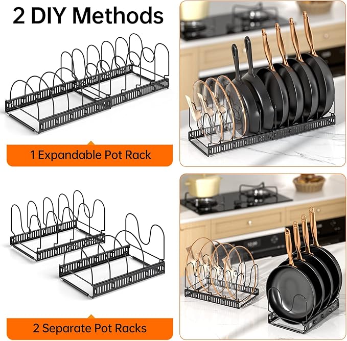 MUDEELA Pots and Pans Organizer : Rack for under Cabinet, Expandable Pot Lid Kitchen Cabinet Organizer Holder with 10 Adjustable Compartment, for Cutting Board, Cast-iron Pan, Heavy Cookware
