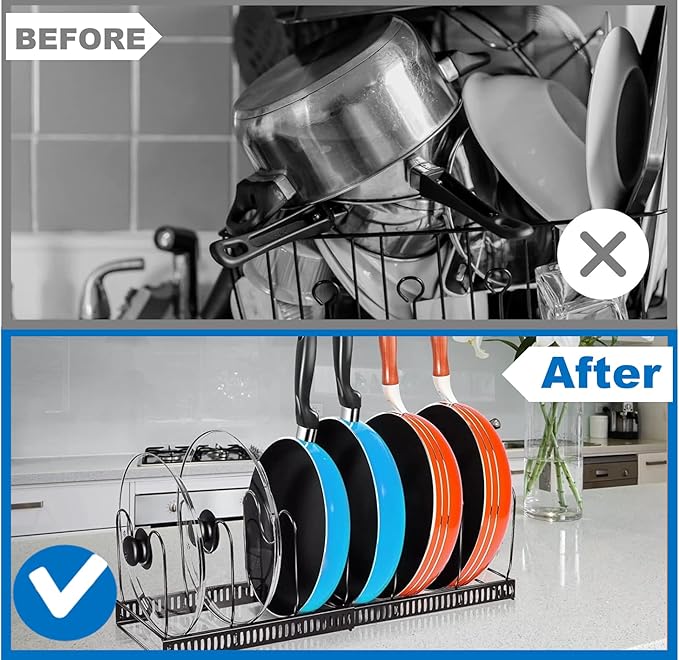 Pots and Pans Organizer : Rack for under Cabinet, Expandable Pot Lid Kitchen Cabinet Organizer Holder with 12 Adjustable Compartment, for Cutting Board, Cast-iron Pan, Heavy Cookware