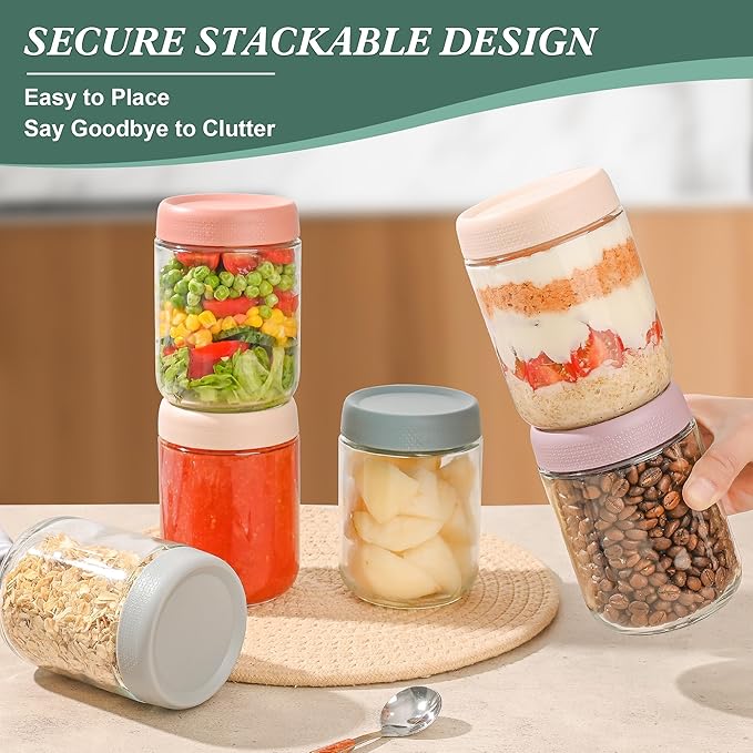 Overnight Oats Containers with Lids 6 Pack-16 Oz Mason Jar with Lids-Overnight Oats Jars Glass Food Storage Containers for Chia Seed Pudding Salad Cereal Coffee Spices