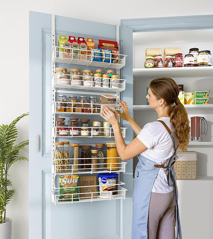 Over The Door Pantry Organizer, Wall Mount Spice Rack, Pantry Hanging Storage and Organization, 6 Adjustable Baskets Heavy-Duty Metal for Home & Kitchen, Back of Door Seasoning Rack - White