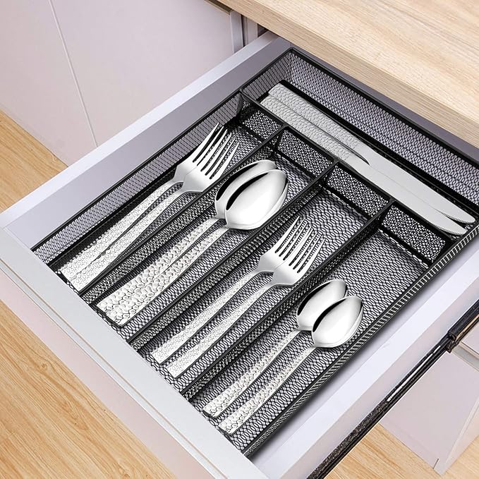 E-far Silverware Drawer Organizer, Mesh Wire Utensil Tray Drawer Organizer for Kitchen, Black Narrow Metal Flatware Cutlery Holder/Divider, 5 Compartment & Small Size - 12.5 x 9.25-Inch