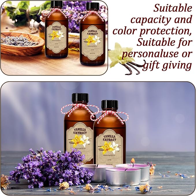 8 oz Amber Glass Boston Round Bottles, 12PCcs - for Homemade Vanilla Extract, Brown Vanilla Extract Bottles with Caps, Ideal for Syrup Gift, Glass Food Storage Canister and Sauce Beans (8OZ-12PC)