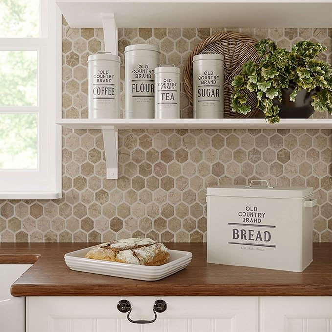 Barnyard Designs Canister Sets for Kitchen Counter, Farmhouse Canisters Sets for the Kitchen Countertop, Coffee Tea Sugar Flour Metal Containers with Lid (White)