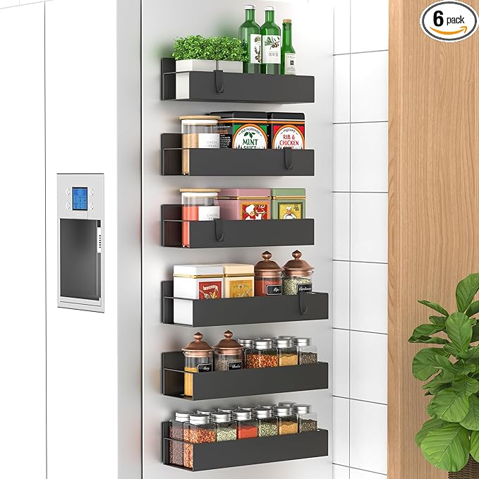 6 Pack Magnetic Spice Storage Rack Organizer for Refrigerator and Oven, Black Fridge Organizers and Storage